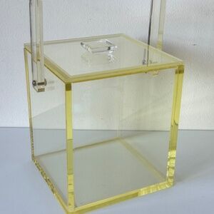 Vintage Lucite Clear Square Yellow Ice Bucket MCM Movable Handle Removable Cover